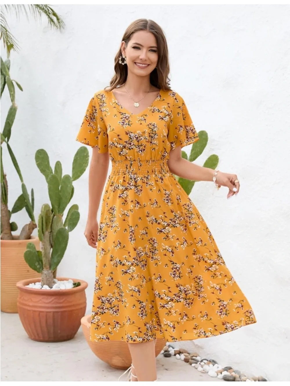 🆕 Floral Mustard Midi Dress with V-Neck and Smocked Waist size 2X NWOT - Picture 2 of 13